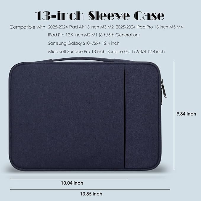 ProElife 13-Inch Tablet Sleeve Case for 2026-2024 iPad Air 13 inch M4 M3 M2, iPad Pro 12.9-13 inch M5 M4 M3 M2, 12.4-in Galaxy S10+/S9+ Accessory Traveling Carrying Bag Cover with Handle (Navy Blue)