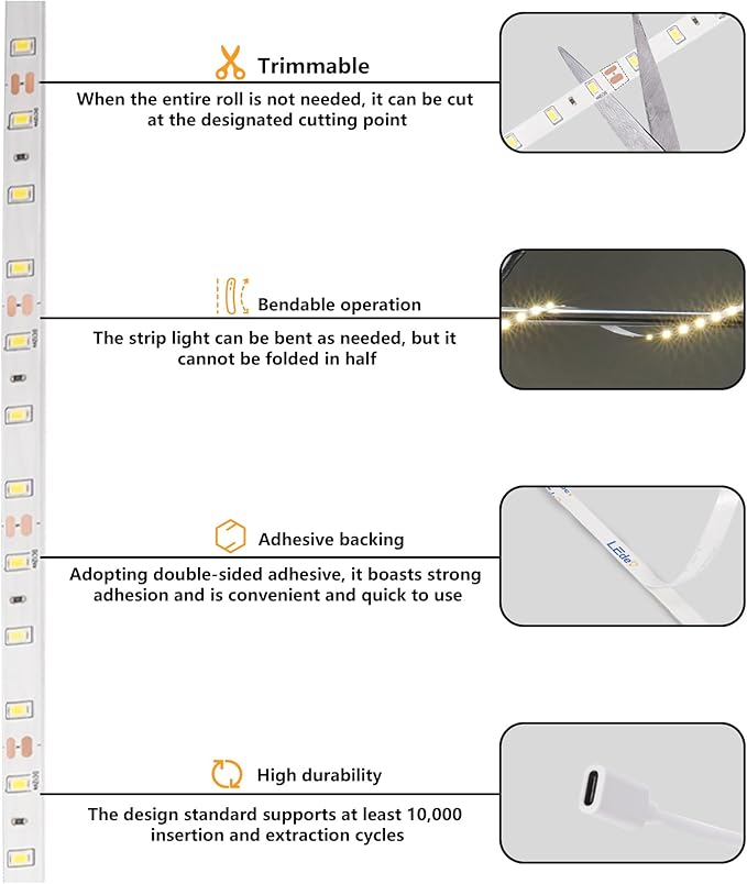 USB C 12V LED Strip Lights 16.4ft, Bright Under Cabinet Lighting for Kitchen, TV Backlight & RV Camper, Flexible Tape Light for 3D Printer & Desk