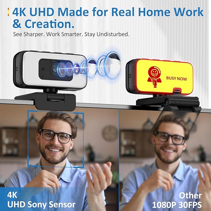 4K Webcam for Loptop, Web Camera with Light, AI PDAF AutoFocus, Zoom, Noise Canceling Microphone for PC Mac Streaming