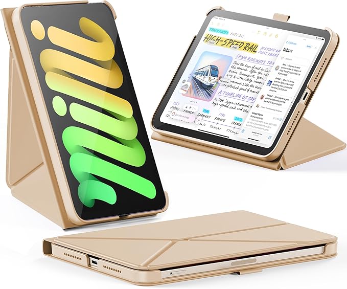 INFILAND Case for iPad mini 7 (A17 Pro) 2024 / iPad mini 6 2021, Magnetic Origami Slim Protective Case, Book-Style Foldable Cover with Pencil Holder, Multi-Angle Stand, Auto Wake/Sleep, Starlight