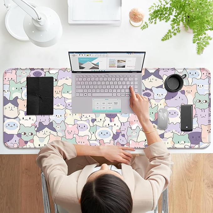 Cute Pink Cat Gaming Desk Mat, Computer Keyboard Large Extended Kawaii Pastel Cat Mouse Pad for Office and Home, 31.5×11.8 Inches, XL