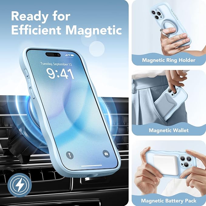 CAPRARO Cute for iPhone 15 Pro Max Case, Compatible with MagSafe, [Curly Wave Edge] [Full Camera Protection] [14 FT Drop Protection] Magnetic Phone Case for 15 Pro Max 6.7 Inch, Light Blue