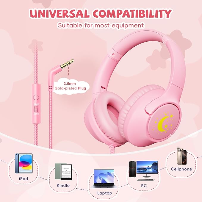 Kids Headphones with Microphone for School, 85/94 dB Volume Limit, Wired Over Ear Girls Headphones for Kids with Stereo Sound 3.5mm Wired Cord for Kindle Tablet Airplane Travel, Pink