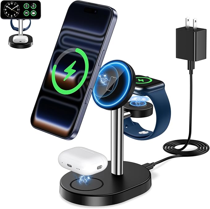 Hevanto 2026 3 in 1 Wireless Charging Station for Apple MagSafe Charger, 15W Fast Magnetic Mag-Safe Charger Stand for iPhone 17 16 15 14 13 12 Apple Watch AirPods Compatible with MagSafe, Silver&Black