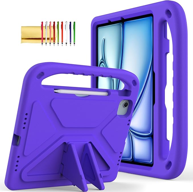 Dteck Kids Case for iPad Air 11" M2 (2024), iPad Pro 11" M4 (2024) with Pencil Holder, Shockproof Rugged Protective Handle Stand, EVA Foam Case, Purple