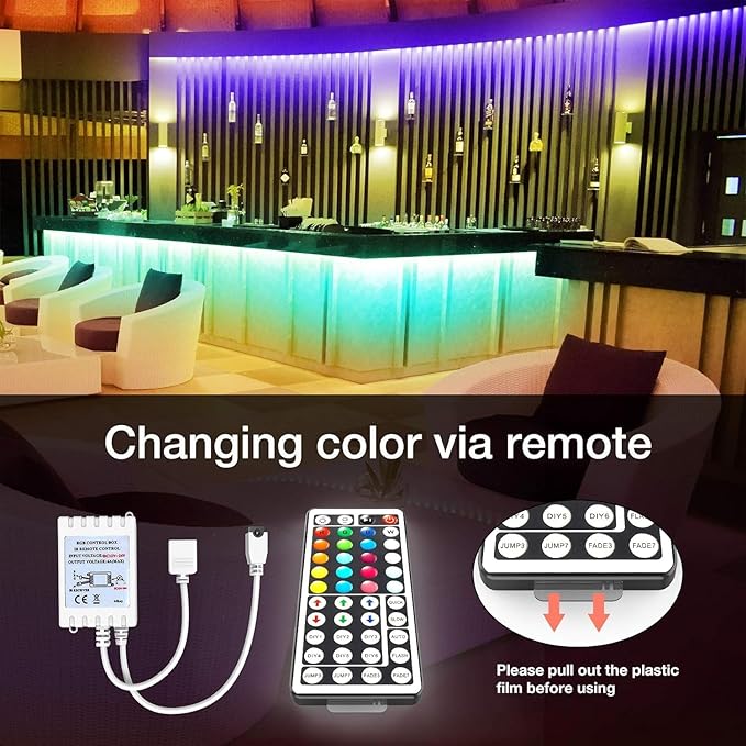 DAYBETTER (2rd Gen) SMD 5050 Remote Control Led Strip Lights 50ft Color Changing with 44Keys Remote Controller and 12V Power Supply for Bedroom