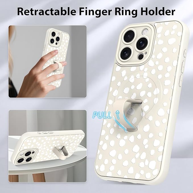 KANGHAR Compatible with iPhone 15 Pro Max Case, Support for MagSafe, Silicone Speck Leopard Cute Pattern, Wristband Kickstand Camera Protection Soft Slim Cover for Girls Women -White
