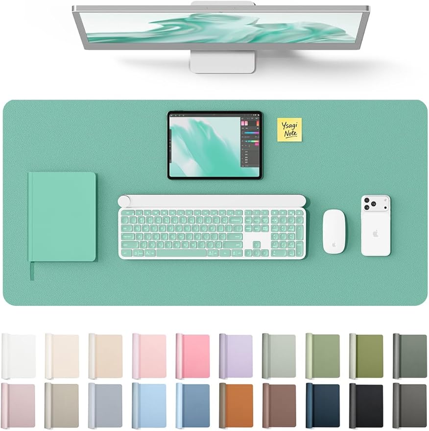 YSAGi Leather Desk Protector, Office Mat, Large Mouse Mat, Non-Slip PU Leather Blotter, Laptop Desk, Waterproof Writing Pad for Office and Home (Green-Blue, 35.4" x 17")