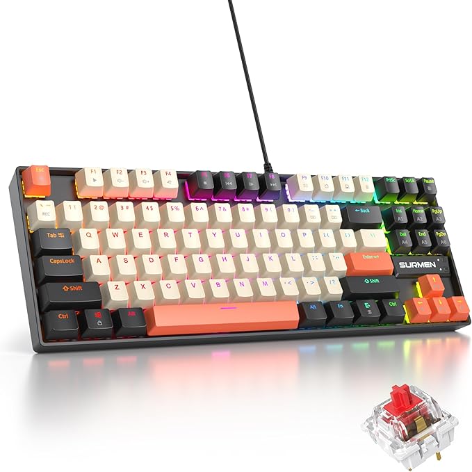 75% Mechanical Gaming Keyboard with Red Switch, RGB LED Backlit Keyboard Orange, 87 Keys Compact TKL Wired Computer Keyboard for Windows Laptop PC Gamer (87 Carbon)