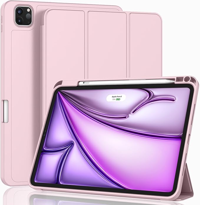 ZryXal New iPad Air 13 Inch Case M3 2025/M2 2024 with Pencil Holder, Trifold Stand Smart Case with Soft TPU Back,Auto Wake/Sleep(Pink)