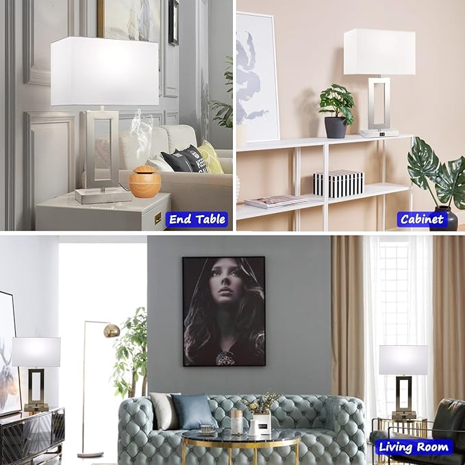 22'' Lamps for Bedrooms Set of 2, Touch Control Table Lamps with 2 USB Ports, 3-Way Dimmable Bedside Nightstand Lamps, Brushed Nickel &White Lamp for End Table Living Room Modern Contemporary