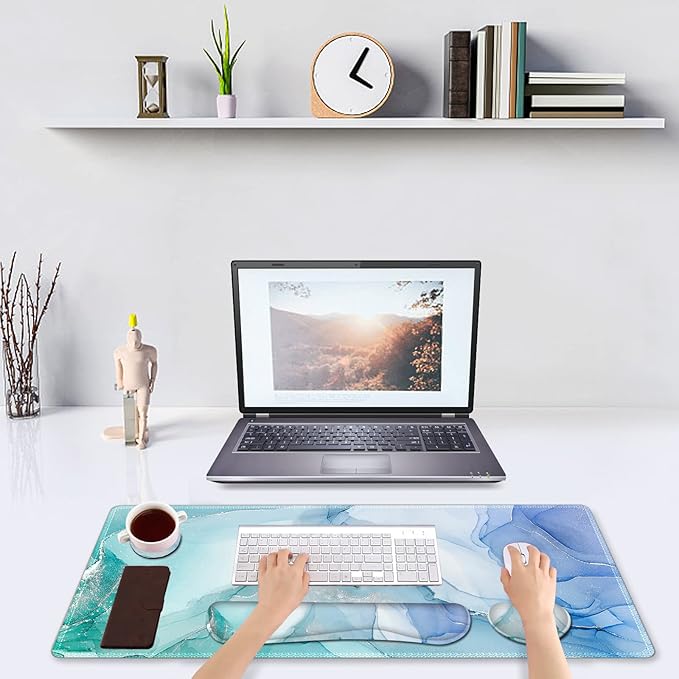 DINKY Keyboard Mouse Pad Set, Large Gaming Mousepad + Memory Foam Ergonomic Keyboard Wrist Rest Support, Easy Typing Pain Relief, 4Pcs (35.4" x 15.7") Extended Desk Mat-Blue Marble