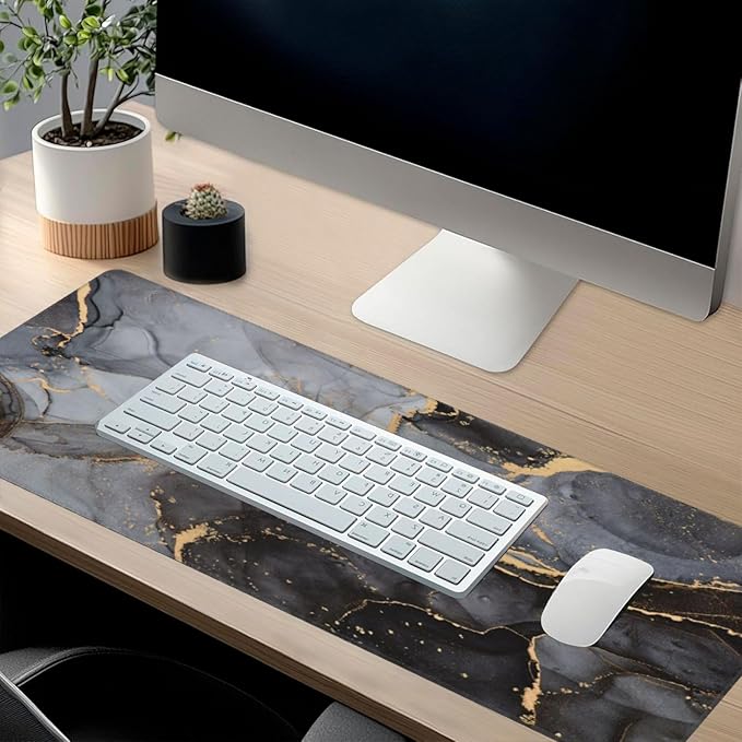 Marble Mouse Pads XXL Extended Mousepad with Stitched Edges Grey and Black Marbling Non-Slip Rubber Base Computer Keyboard Pad Desk Mat for Home Office Desk Decor, 35.4" X 15.7"