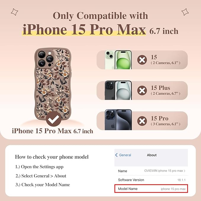 GVIEWIN for iPhone 15 Pro Max Case Compatible with MagSafe [Curly Wave Edge][Full Camera Protection] Floral Translucent Shockproof Magnetic Women Phone Case for 15 Pro Max 6.7'', Bunchflower/Brown