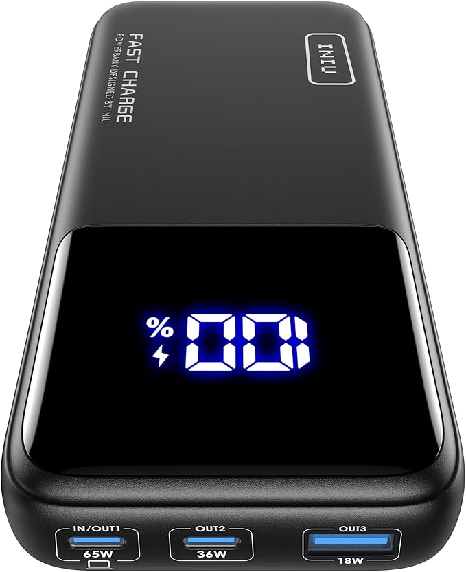INIU 20000mAh Laptop Power Bank, Compact 65W PD Dual Fast Charging Portable Charger, Flight-Safe Battery Pack with USB C Cable for Travel MacBook iPad Tablet Switch iPhone 17 16 Pro Samsung S25
