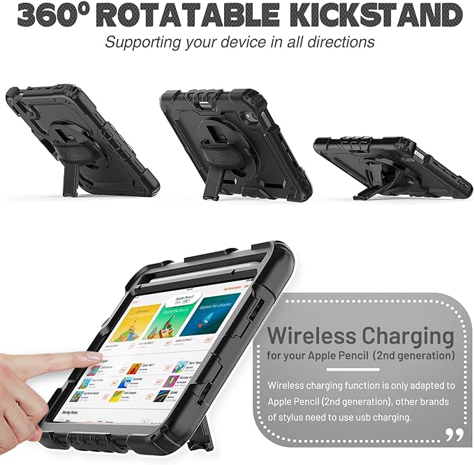 SEYMAC stock Case for iPad mini 7 (A17 Pro) 2024/ Mini 6 8.3'' with Screen Protector Pencil Holder [360 Rotating Hand Strap] &Stand, Drop-Proof Case for iPad mini 7th/6th Generation 8.3", Black