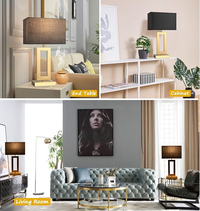 22'' Black&Gold Lamps for Bedrooms Set of 2, Touch Control Table Lamps with USB Ports, 3-Way Dimmable Bedside Nightstand Lamps, Modern Table Lamps for Living Room End Table, LED Bulbs Included