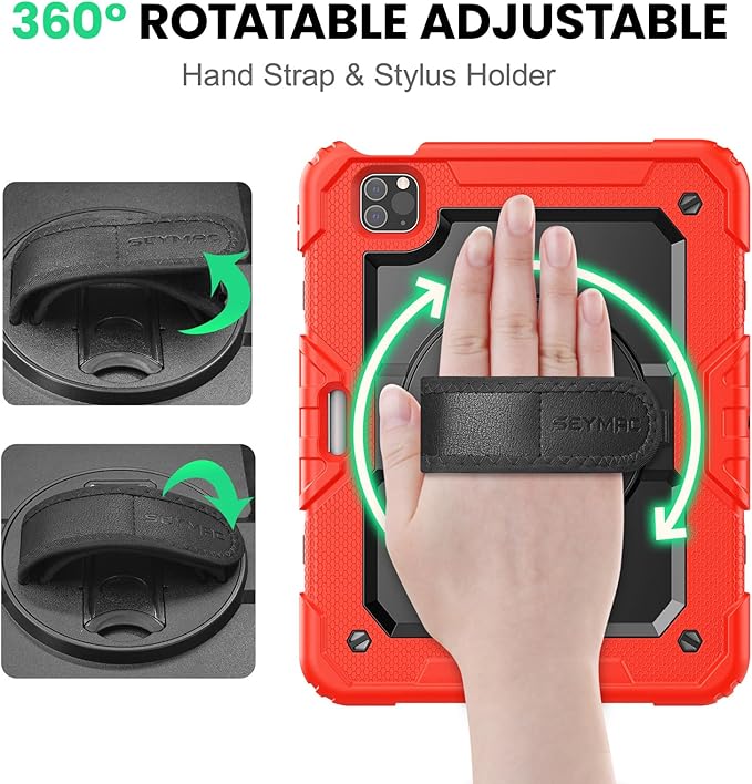 SEYMAC Case for iPad Pro 11 Case 4th/ 3rd/ 2nd/ 1st Gen (2022/2021/2020/2018), Full-Body Shockproof Protective Case with Screen Protector, 360° Rotating Stand and Hand/Shoulder Strap, Red