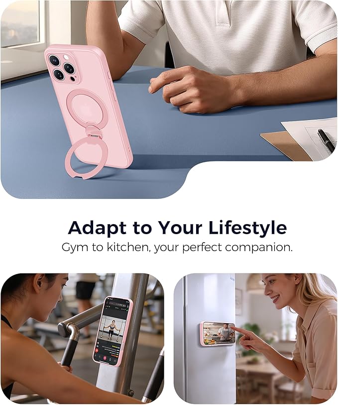 FNTCASE for iPhone 16 Pro-Max Case: [360 Spin Magnetic Stand] [Compatible with Magsafe] [Screen Protector] Translucent Matte Military Grade Shockproof Full Camera Protective Phone Cover - Pink