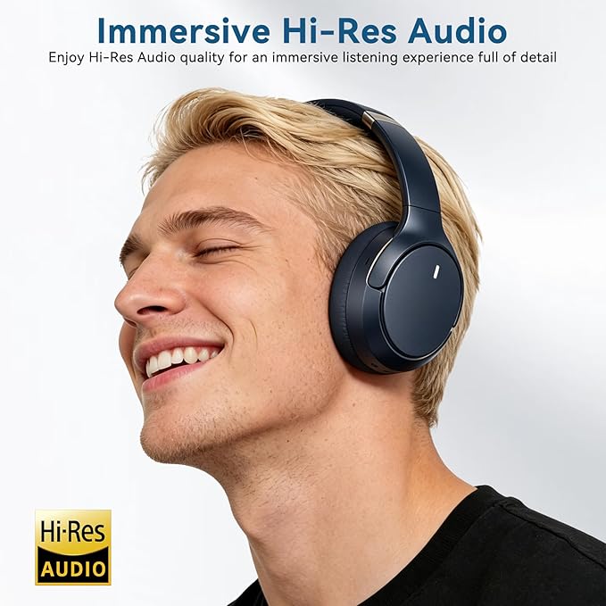 Hybrid ANC Wireless Over-Ear Headphones, 100H Playtime, Hi-Res Audio, Bluetooth 6.0, Multi-Mode Noise Cancellation, Comfort Fit, iOS & Android Compatible, Foldable Design, Travel-Friendly (Blue)