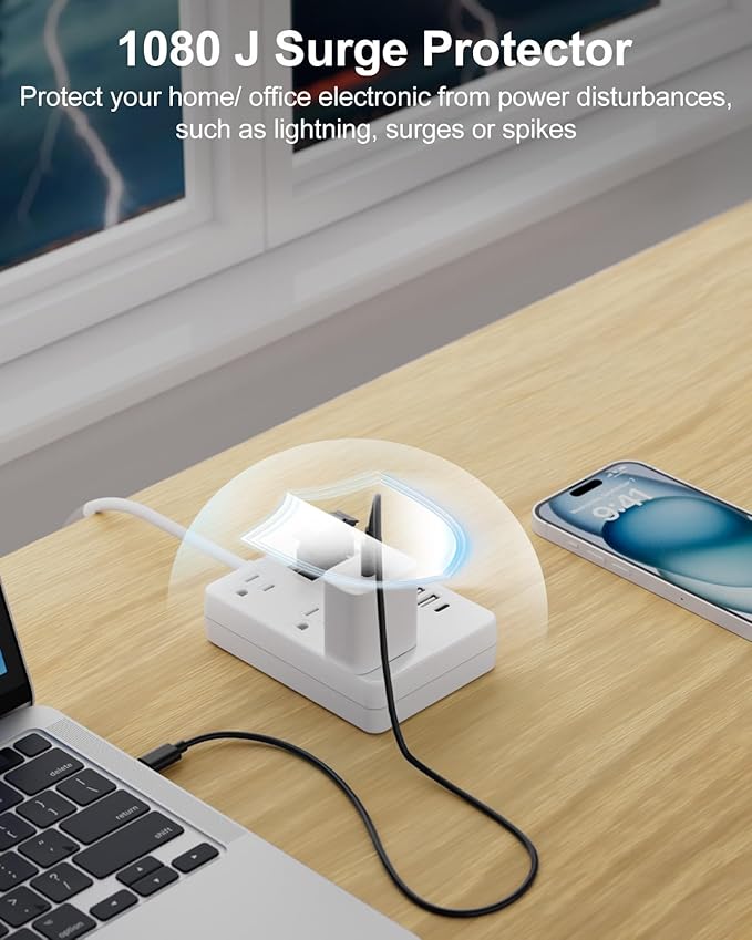 2 Prong Power Strip with USB-C, ROOTOMA 2 Prong to 3 Prong Outlet Adapter, 1080J 2 Prong Surge Protected with 3 Outlet & 4 USB, 3 Prong Adapter 4ft, for Polarized Two Prong Outlet, Old House, White