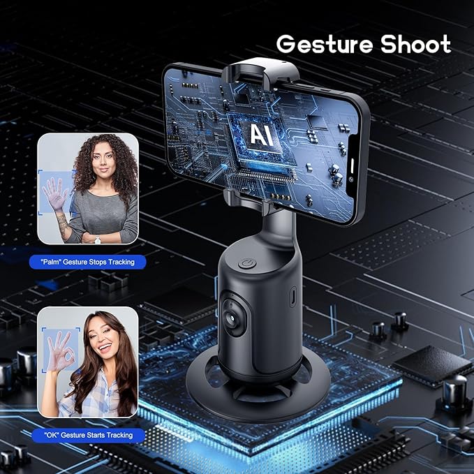 GREEN HOUSE Auto Face Tracking Phone Holder & Mount, 360°Fast Rotation, Gimbal Stabilizer for Influencer Content Creating Vlog, YouTube, TikTok, Gesture Recognization, GH-USTTA-BK