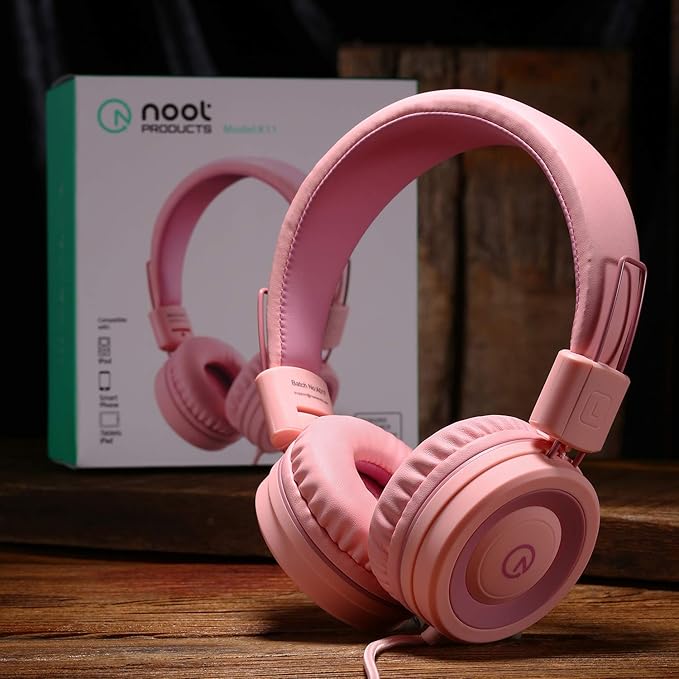 noot products Kids Headphones K11 Foldable Stereo Tangle-Free 5ft Long Cord 3.5mm Jack Plug in Wired On-Ear Headset for iPad/Girls/Boys/School/Laptop/Travel/Plane/Tablet-Soft Pink