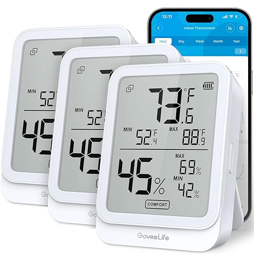 GoveeLife Hygrometer Thermometer H5104 3Pack, Bluetooth Room Temperature Monitor with APP Alert and 2 Years Date Storage Export, Remote LCD Digital Hygrometer Indoor Humidity Meter, Greenhouse
