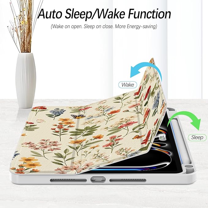 Case for iPad Pro 11-Inch M5/M4 2025/2024 (6th/5th Generation), Case with Pencil Holder, Clear Back Cover Cute Cool Design for Women Girls, Auto Sleep/Wake, Wildflower B