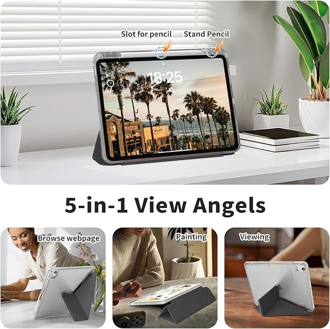 Clear Case for iPad mini 7 A17 Pro 8.3 Inch, iPad mini 7th/6th Generation Case (2024/2021),Slim Shockproof Transparent Back,Y-Shaped Mutil Angles Folding,Supports Pencil Pro&USB-C (Black)