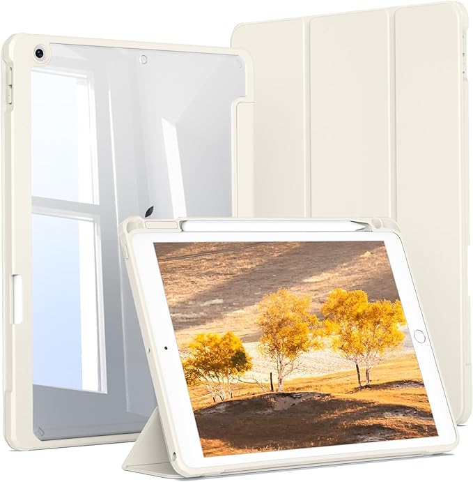 JKSML Case for iPad 9th/8th/7th Generation 10.2 Inch, Case with Pencil Holder for iPad 9/8/7 2021/2020/2019, Hard Back Cover, Auto Wake/Sleep, Cream White