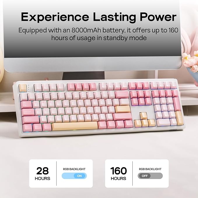 EPOMAKER TH108 Full Size Mechanical Keyboard, Wireless Gaming Keyboard with 8000mAh Battery, Creamy Gasket, 108 Keys, Hot Swap, Custom Driver, RGB Backlight (Pink, Sea Salt Silent)
