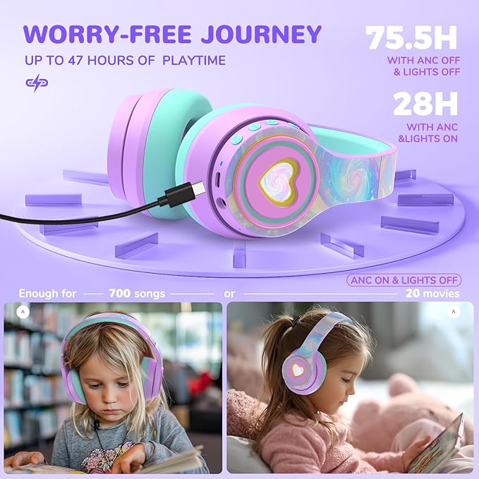 iClever Auraa Active Noise Cancelling Headphones for Kids, LED Light Up, Bluetooth 6.0, Safe Volume 80dBA, 47H Play Time,Fast Charging,Kids Headphones Wireless with Mic AUX Cord for Travel iPad,Purple