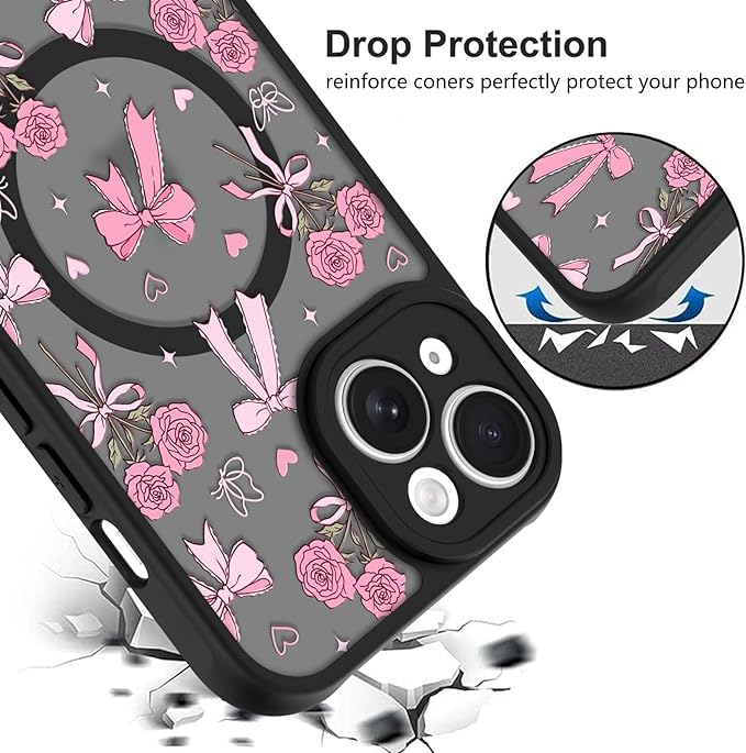 KANGHAR Case Compatible with iPhone 15 Plus Bows Bouquet Pattern [Compatible with Magsafe] Cute Flowers Florals Protective Magnetic Case for Girls Women Men