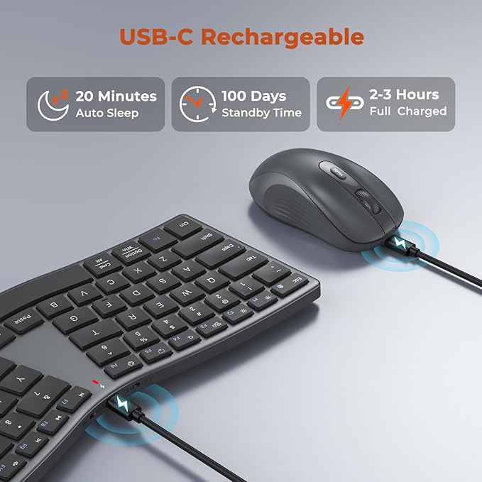 MEETION Ergonomic Keyboard and Mouse Wireless, Split S-Curve Design, 2.4G Wireless & Dual Bluetooth, Slim Low-Profile Rechargeable Full Size Keyboard, 4 DPI Mouse for Windows Mac PC Laptop Computer, Q