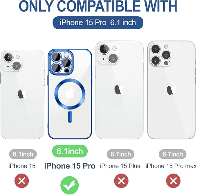 Hython Magnetic Clear for iPhone 15 Pro Case with Camera Lens Protector [Compatible with MagSafe] Luxury Plating Edge Slim Soft TPU Cover Protective Phone Case for iPhone 15 Pro 6.1", Deep Blue