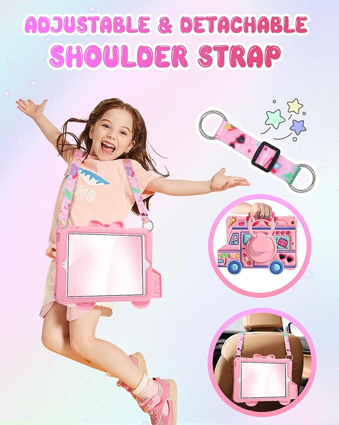 for iPad 9th/8th/7th Generation Case - for Girls Cute Girly Kawaii 3D Cartoon Design with Rotating Stand Handle & Shoulder Strap Silicone Cases for iPad 7/8/9th Gen 2019 2020 2021 10.2 Inch