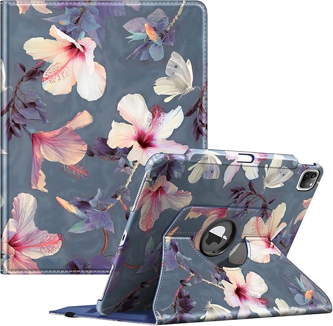 Fintie Rotating Case for iPad Pro 12.9-inch 6th Generation 2022-360 Degree Swiveling Protective Cover with Pencil Holder, Auto Sleep/Wake, Also Fit iPad Pro 12.9" 5th/4th/3rd Gen, Blooming Hibiscus
