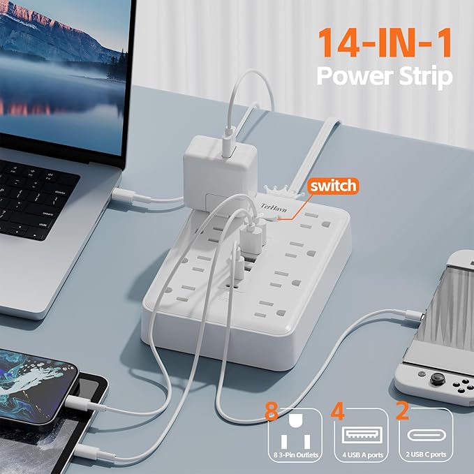 Extension Cord Flat Wall Plug with Surge Protector & 8 Outlets 6 USB Ports – 15A 1875W Power Strip for Home Office Dorm Room – 15ft Flat Cord in White – MCSCN