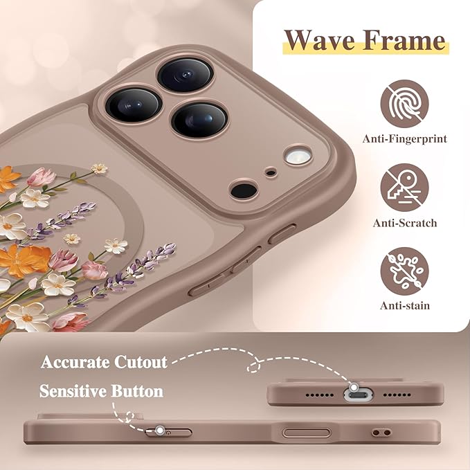 GVIEWIN for iPhone 17 Pro Case Compatible with MagSafe [Curly Wave Edge][Full Camera Protection] Floral Translucent Shockproof Magnetic Women Phone Case for iPhone 17 Pro 6.3'', Primrose/Brown