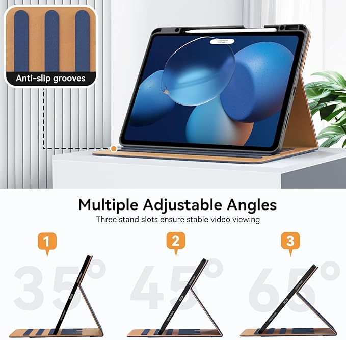 Zonefoker for New iPad Pro 12.9 Case 6th/5th/4th/3rd Generation 2022/2021/2020/2018, 12.9 inch ipad Pro Leather Folio Cover with Pencil Holder, Multi-Angle Viewing Stand, Auto Wake/Sleep, Navy Blue