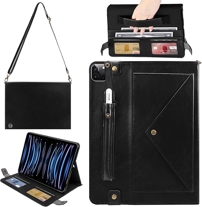 Handbag Case for iPad Pro 11" 2018-2022 / Air 11" 2025 2024 10.9" - Techcircle Folio Stand iPad Crossbody Wallet Case with Pencil Holder, Hand Strap+Shoulder Strap Protective Cover, Black