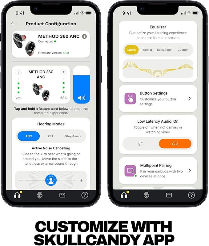 Skullcandy Method 360 ANC Wireless Earbuds, Sound by Bose, Bluetooth Headphones, Premium Noise Cancelling, Up to 40 Hrs Battery, Sweat and Water Resistant, Microphone for iPhone Android - True Black