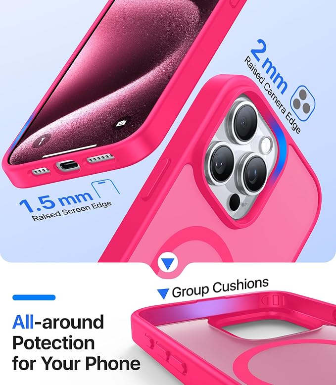 Magnetic for iPhone 15 Pro Max Case, [Compatible with MagSafe][Military-Grade Drop Protection][Anti-Yellowing] Shockproof Translucent Matte Cover for iPhone 15 Pro Max Phone Case,Hot Pink