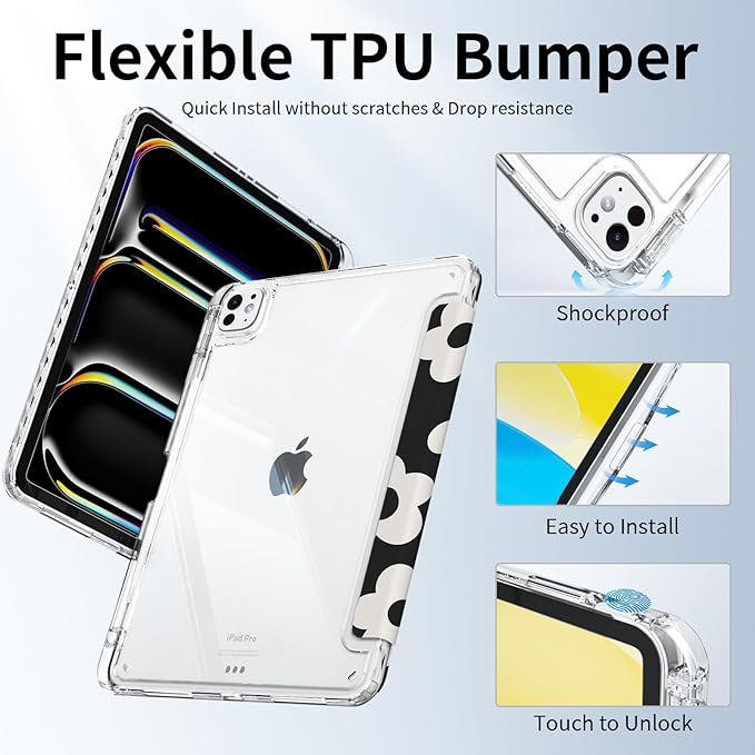 Case for iPad Pro 13 Inch M5 (2025), iPad Pro 13 M4 Chip (2024) Case with Pencil Holder, Stable Trifold Stand, Slim Shockproof Transparent Clear Back Cover, Auto Wake/Sleep, Black Daisy
