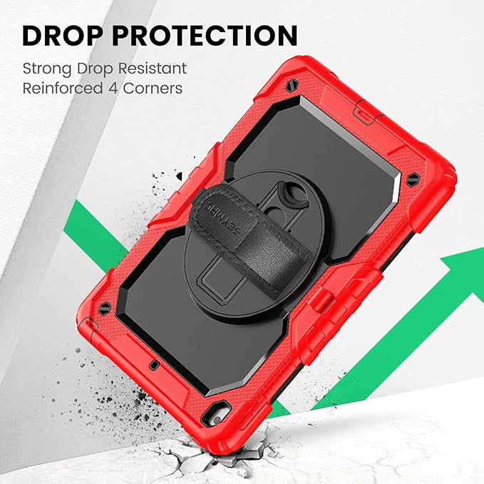 SEYMAC for iPad 9th/8th/7th Generation Case 10.2" 2021-2019, Full-Body Shockproof Heavy Duty Protective Case with Screen Protector, 360° Rotating Stand/Handle/Shoulder Strap for iPad 10.2 Inch, Red