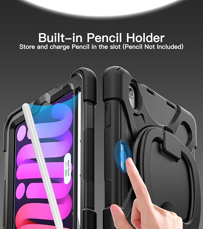 BATYUE Case for iPad mini 7 A17 Pro 2024/iPad Mini 6 2021 8.3 Inch with Pencil Holder, 360 Rotating Stand, Shoulder Strap, Handle Grip, Shockproof Rugged Case for iPad mini 7th/6th Gen, Black