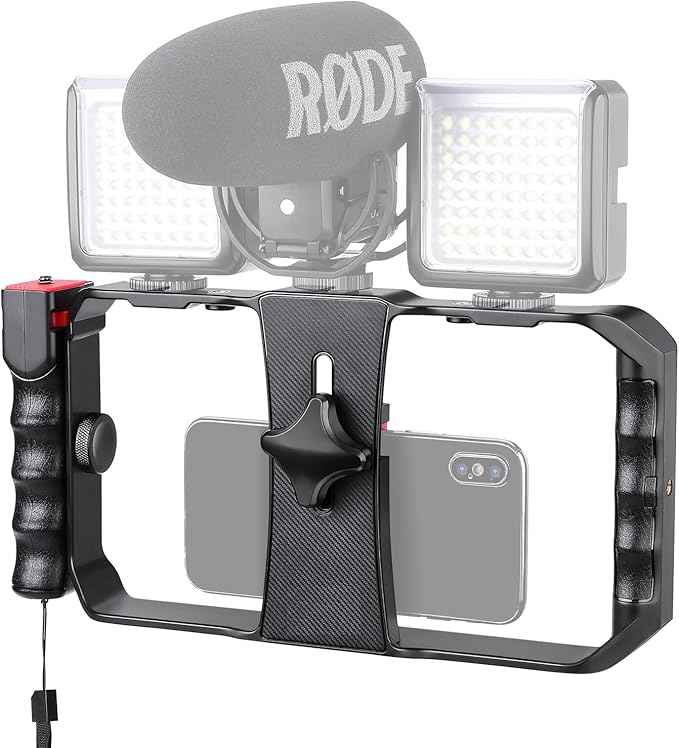 Smartphone Video Rig, Filmmaking Vlogging Cage, Phone Stabilizer Tripod Mount with Wireless Remote Shutter for All iPhone and Android Smartphones