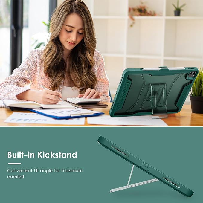 VIKESI Kickstand Protective Case for iPad Pro 12.9 6th / 5th / 4th / 3rd Generation (2022/2021/2020/2018 Released), Matte Frosted Scratch Resistant Back, TPU Shockproof Frame, Midnight Green