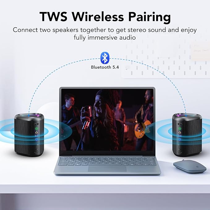 aowoka Bluetooth Speaker, 2025 Portable Wireless Speakers with Led Light, Bluetooth 5.4, 24H Playtime, Enhanced Bass, IPX7 Waterproof, Outdoor Speaker for Travel, Sport, Party, Biking.